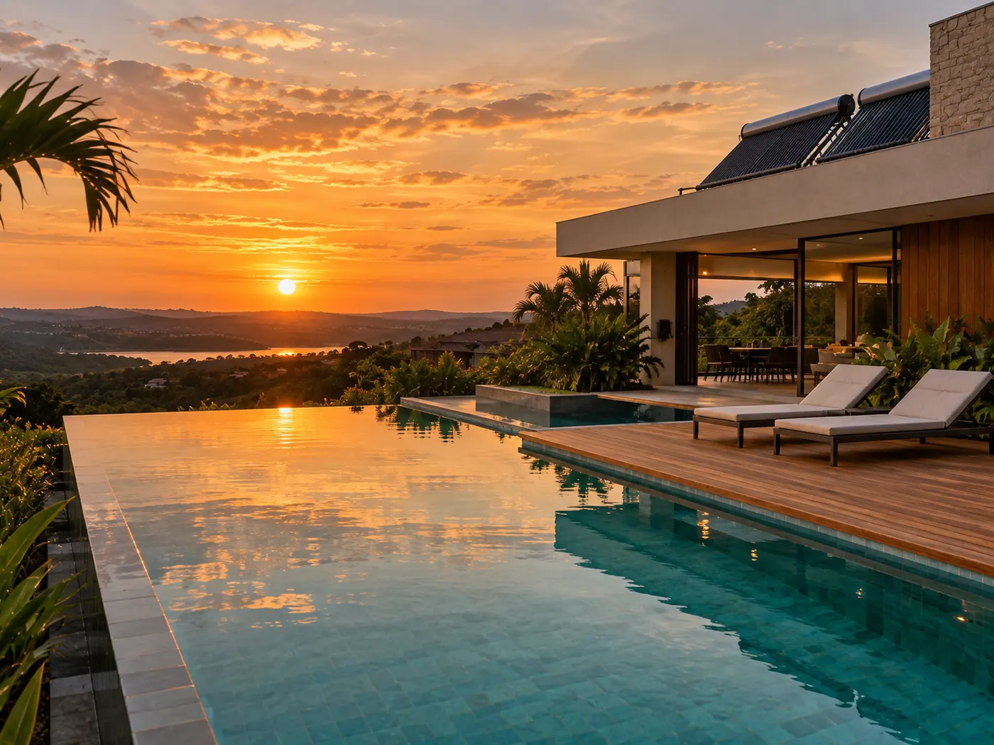 Piscina de borda infinita em casa moderna ao pôr do sol, com coletores solares térmicos instalados no telhado