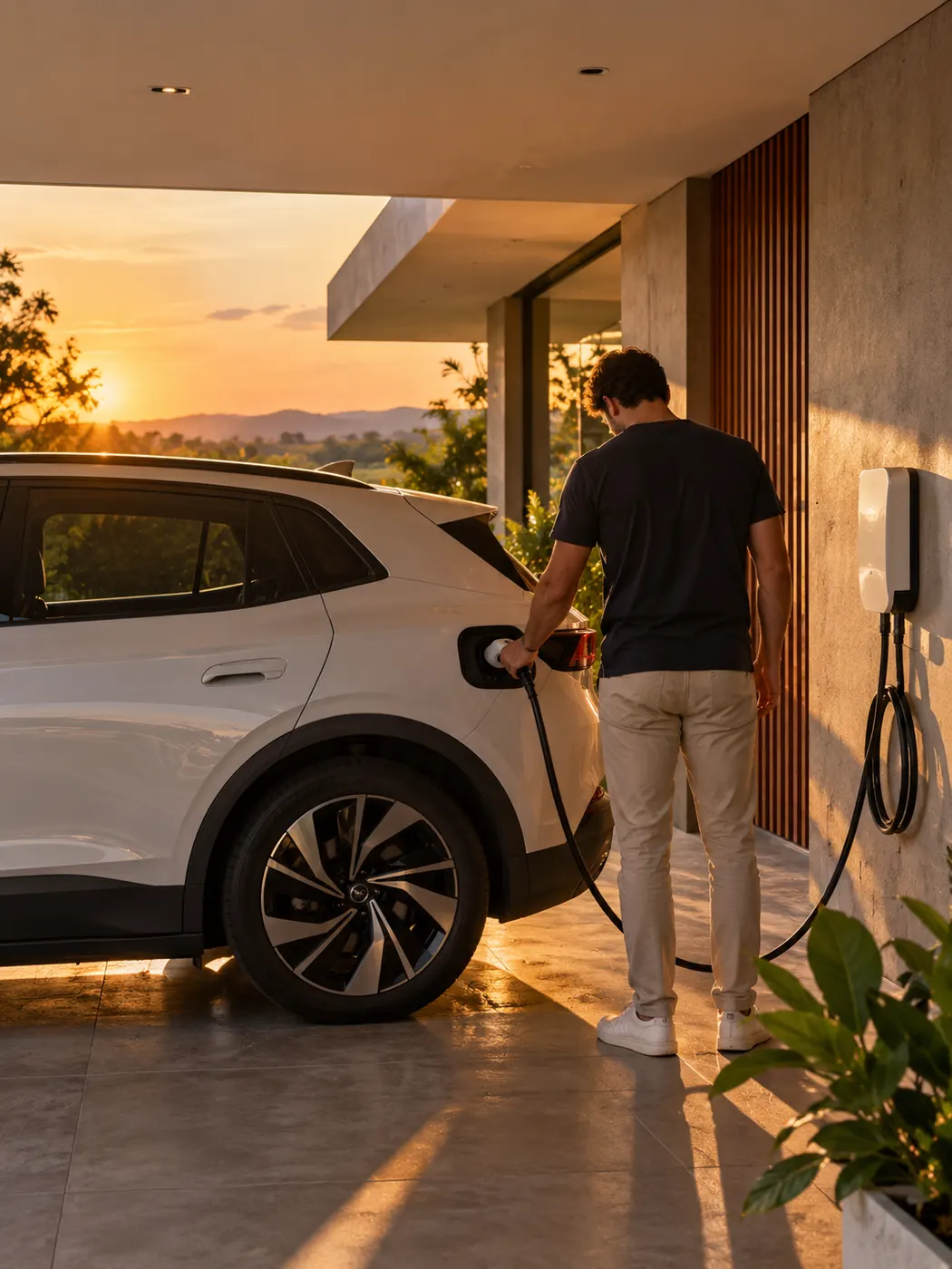 Pessoa de costas conectando o cabo de recarga a um carro elétrico branco na garagem de casa, no fim da tarde