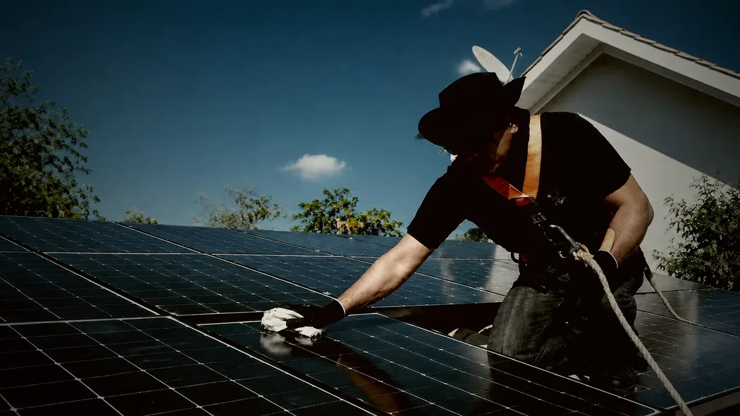 Técnico com chapéu e cinto de segurança passando um pano sobre a superfície de um módulo fotovoltaico