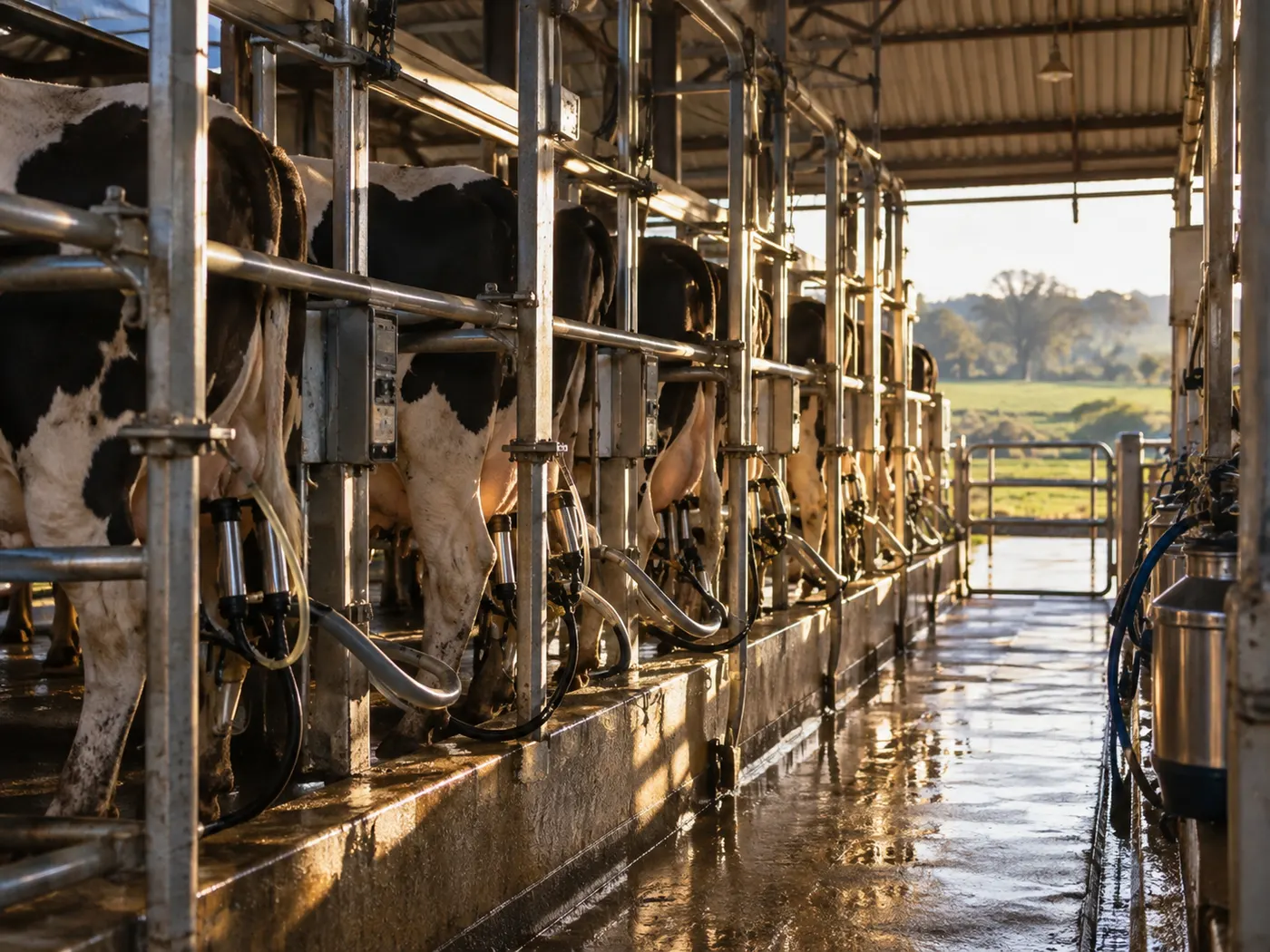 Interior de sala de ordenha em fazenda leiteira, com vacas em baias metálicas e equipamento de ordenha automatizado