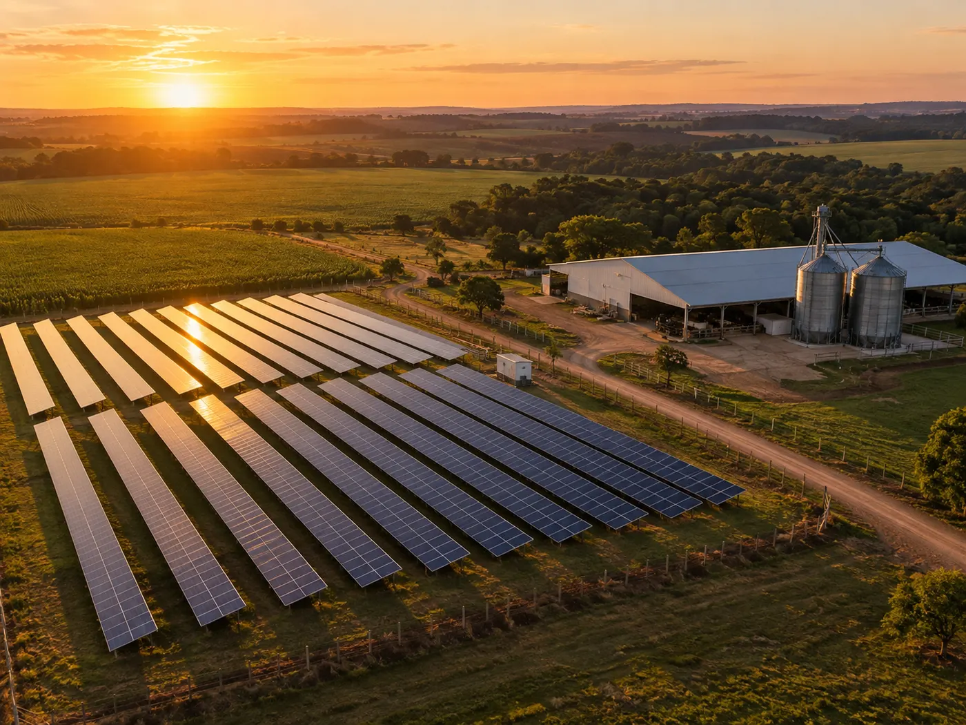 Vista aérea de usina solar de solo com fileiras de módulos ao lado de galpão agrícola com silos metálicos