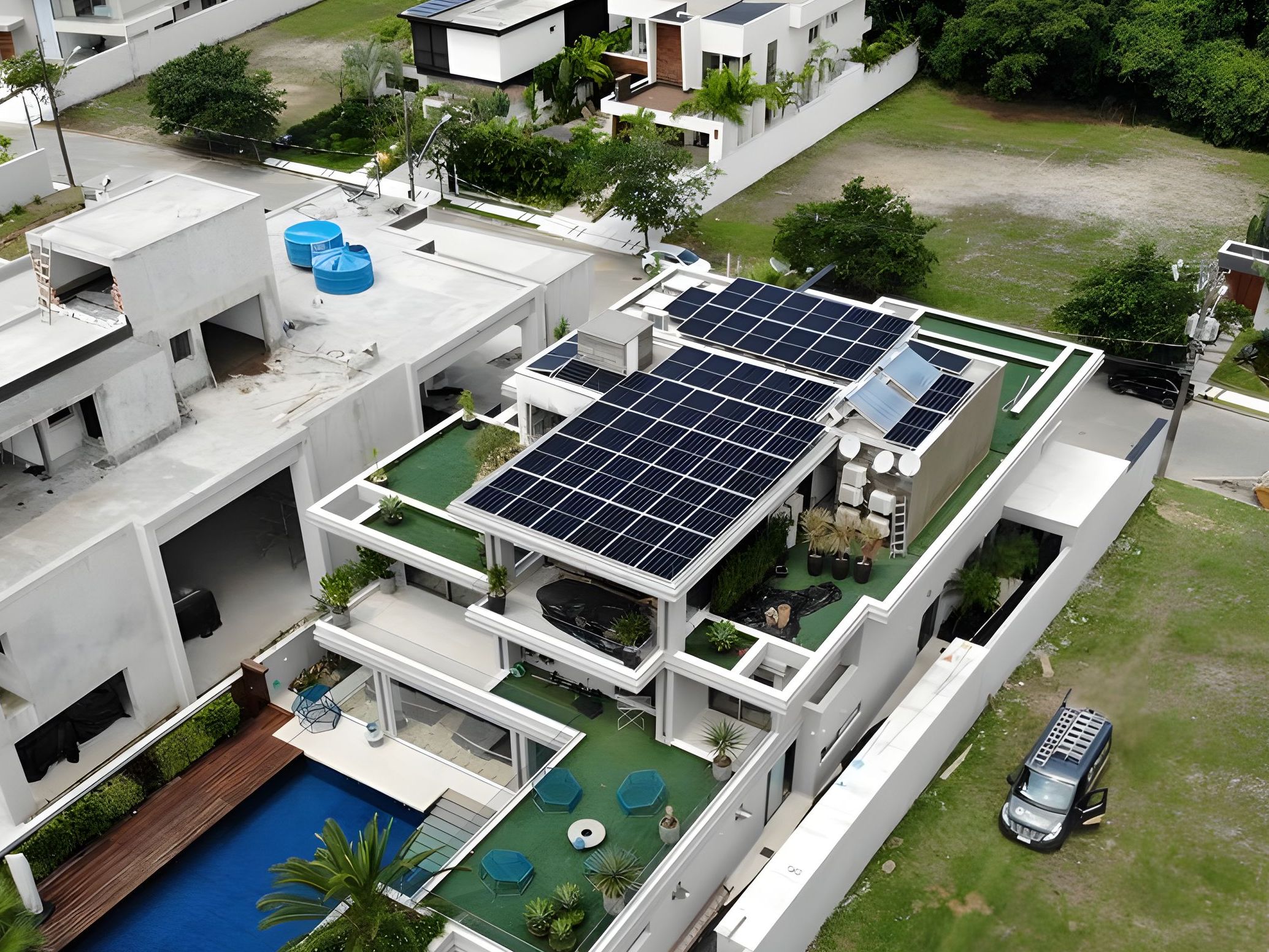 Residência na Riviera de São Lourenço com módulos fotovoltaicos instalados no telhado